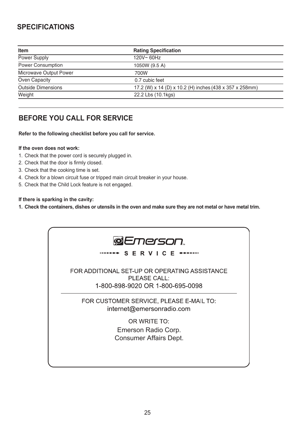 Specifications before you call for service | Emerson Radio MW8785SS User Manual | Page 26 / 28