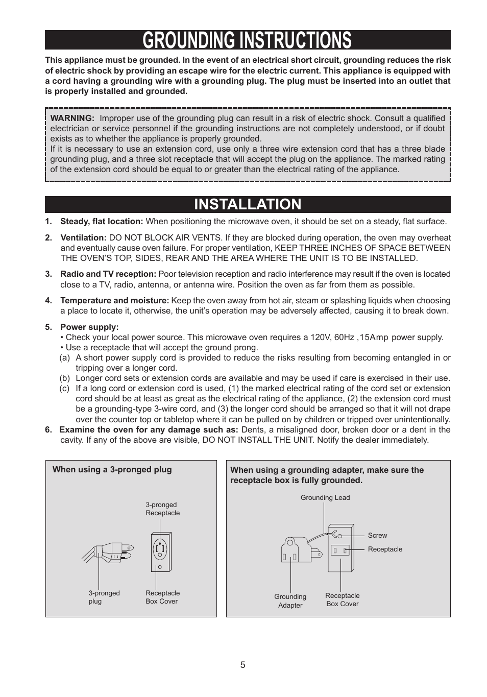 Grounding instructions, Installation | Emerson Radio MW8785SS User Manual | Page 6 / 28