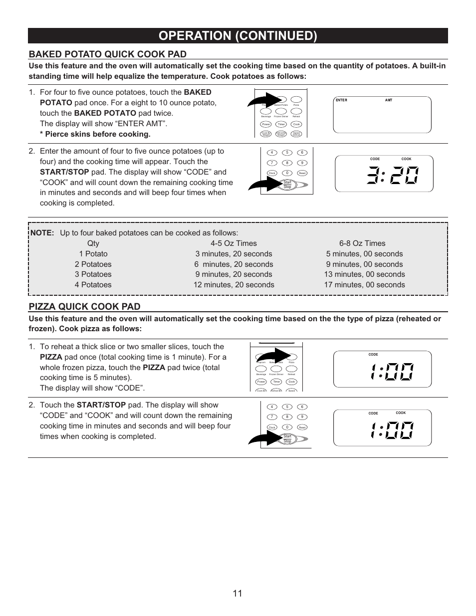 Operation (continued), 11 baked potato quick cook pad, Pizza quick cook pad | Emerson Radio MW9090SS User Manual | Page 11 / 29