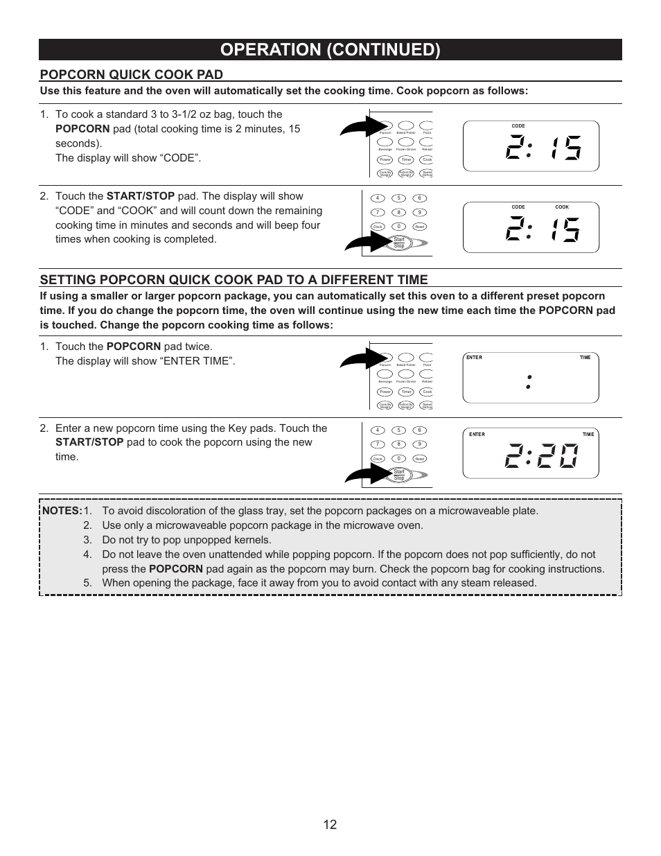 Operation (continued), Popcorn quick cook pad, Setting popcorn quick cook pad to a different time | Emerson Radio MW9090SS User Manual | Page 12 / 29