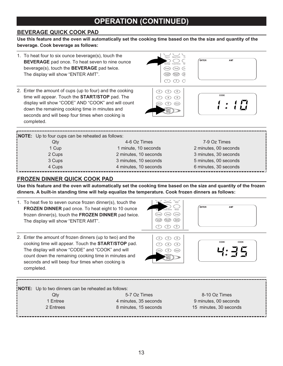 Operation (continued), 13 beverage quick cook pad, Frozen dinner quick cook pad | Emerson Radio MW9090SS User Manual | Page 13 / 29