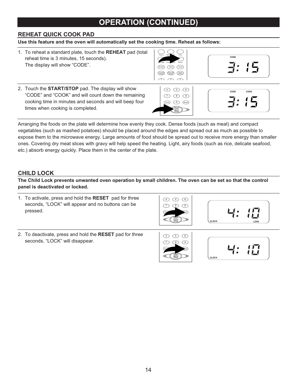 Operation (continued), Reheat quick cook pad, Child lock | Emerson Radio MW9090SS User Manual | Page 14 / 29