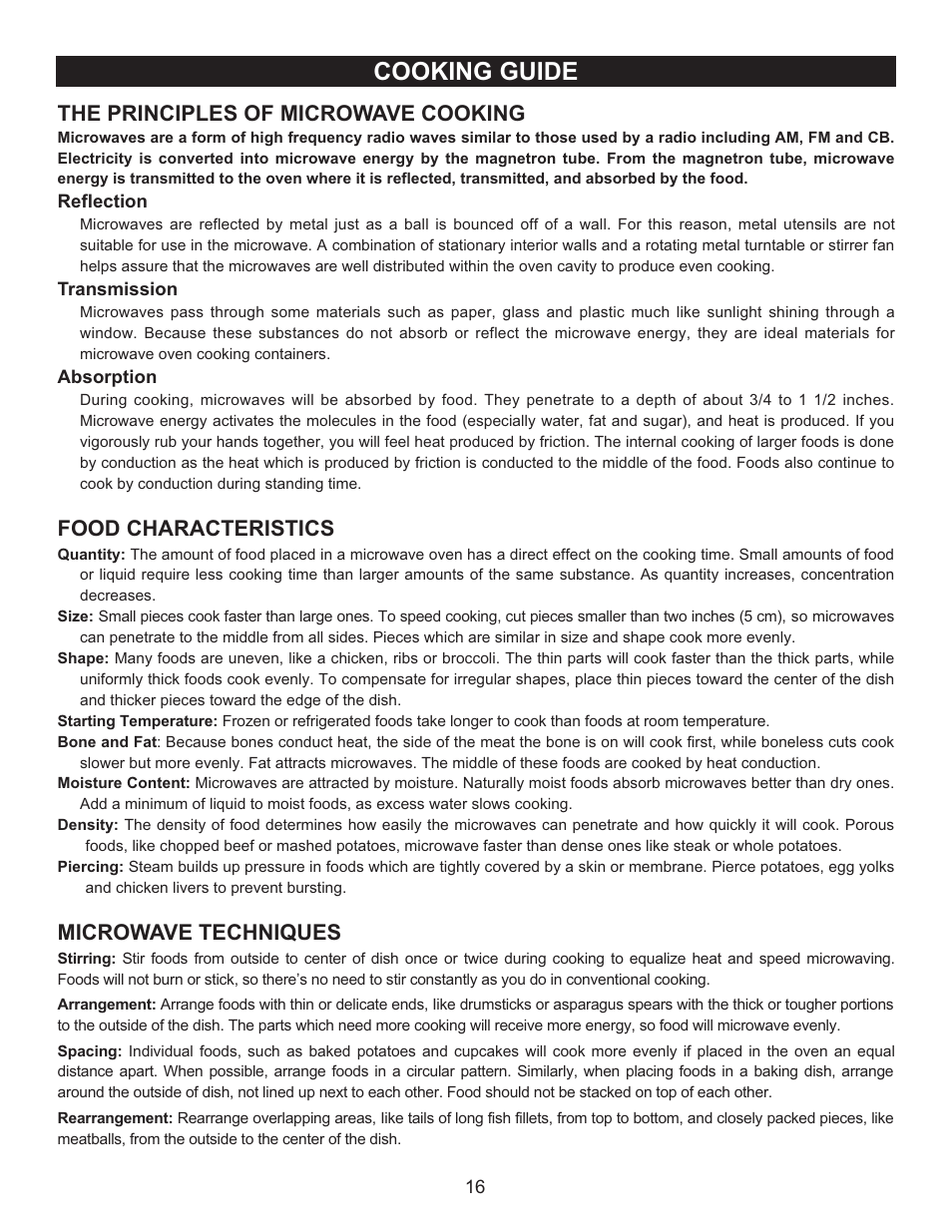 Cooking guide, The principles of microwave cooking, Food characteristics | Microwave techniques | Emerson Radio MW9090SS User Manual | Page 16 / 29