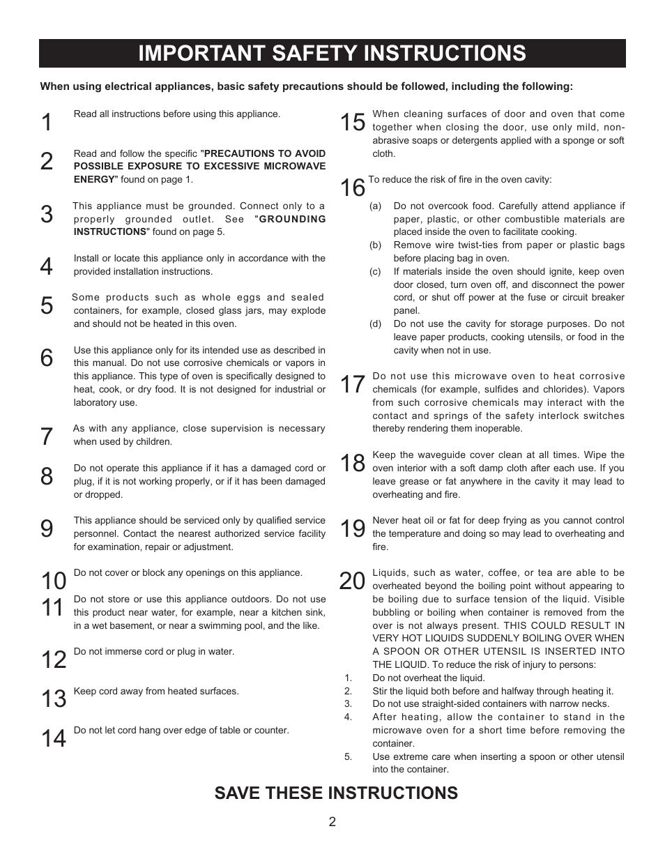 Important safety instructions, Save these instructions | Emerson Radio MW9090SS User Manual | Page 2 / 29