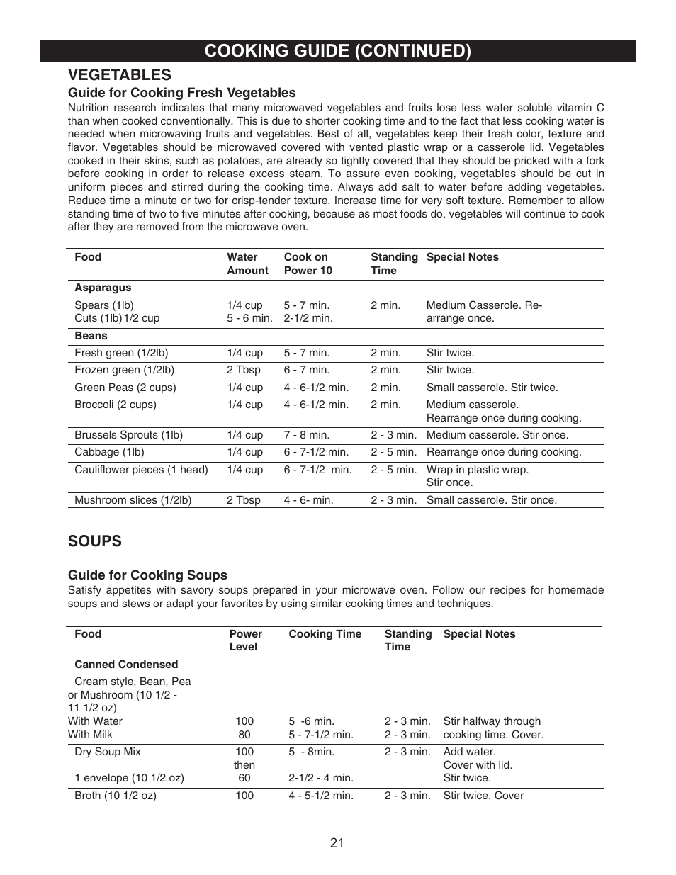 Cooking guide (continued), Vegetables, Soups | Emerson Radio MW9090SS User Manual | Page 21 / 29