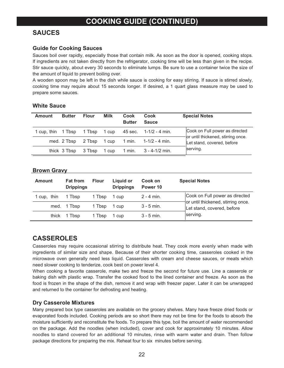 Cooking guide (continued), Sauces, Casseroles | Emerson Radio MW9090SS User Manual | Page 22 / 29