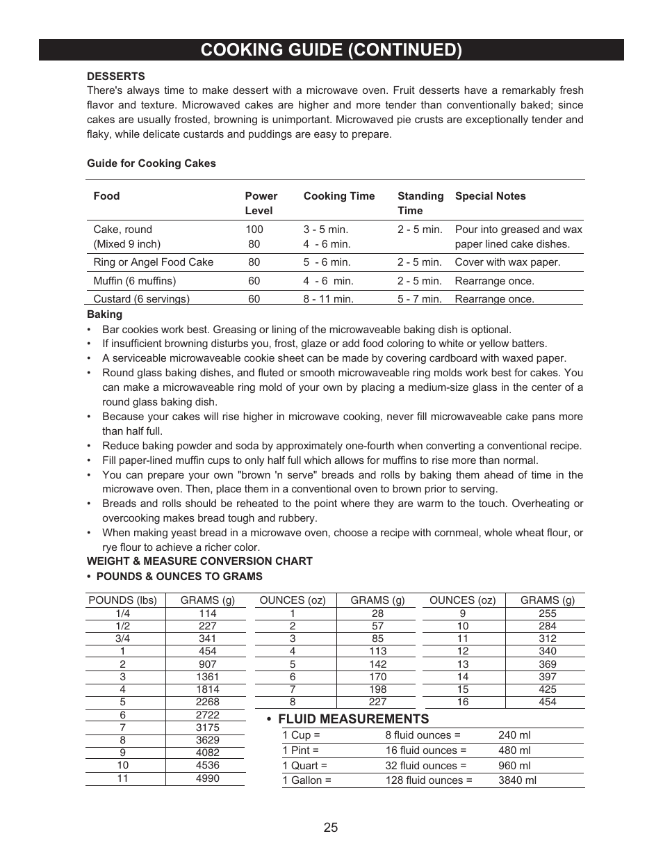 Cooking guide (continued) | Emerson Radio MW9090SS User Manual | Page 25 / 29