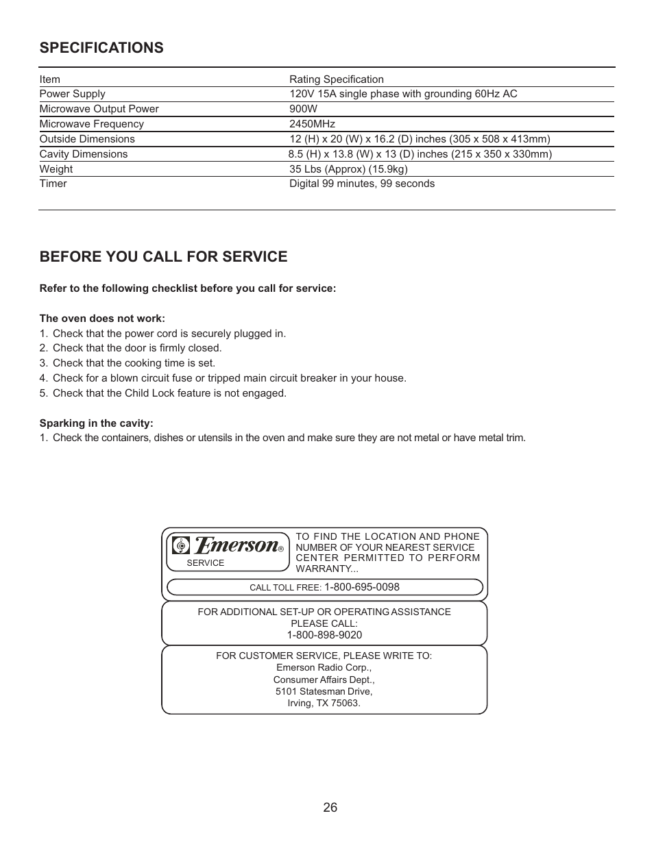 Specifications, Before you call for service | Emerson Radio MW9090SS User Manual | Page 26 / 29