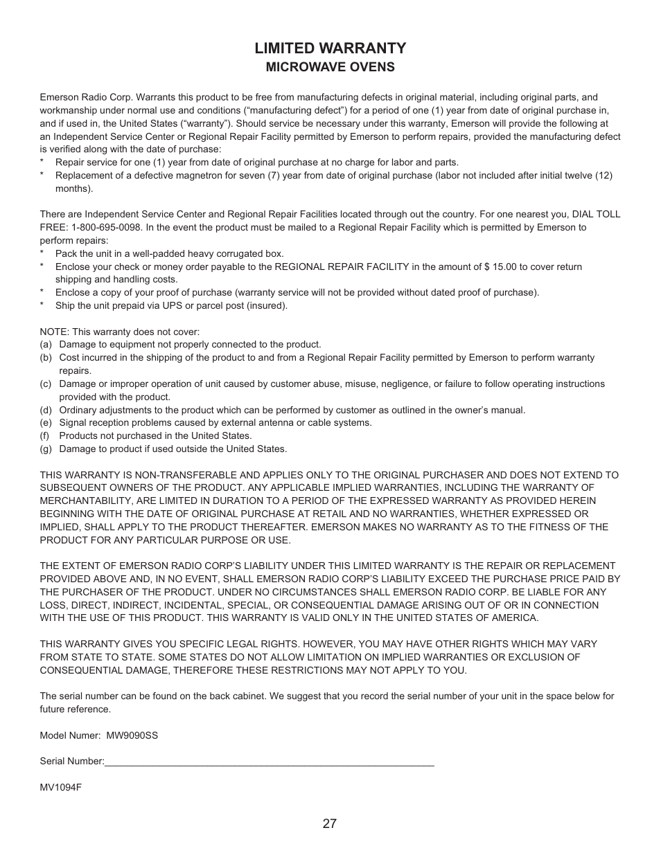 Limited warranty, Microwave ovens | Emerson Radio MW9090SS User Manual | Page 27 / 29