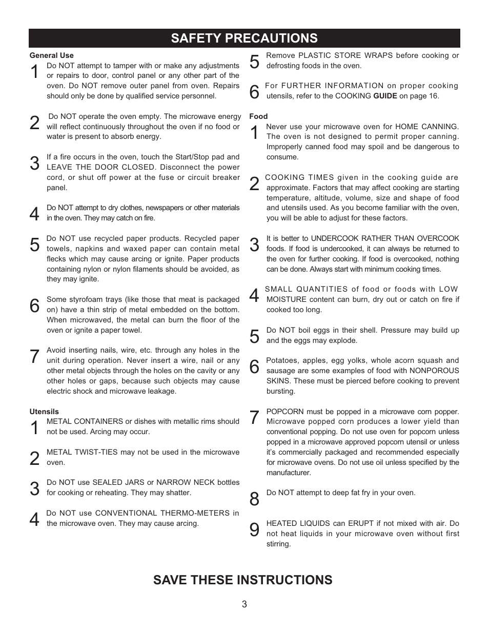 Safety precautions save these instructions | Emerson Radio MW9090SS User Manual | Page 3 / 29