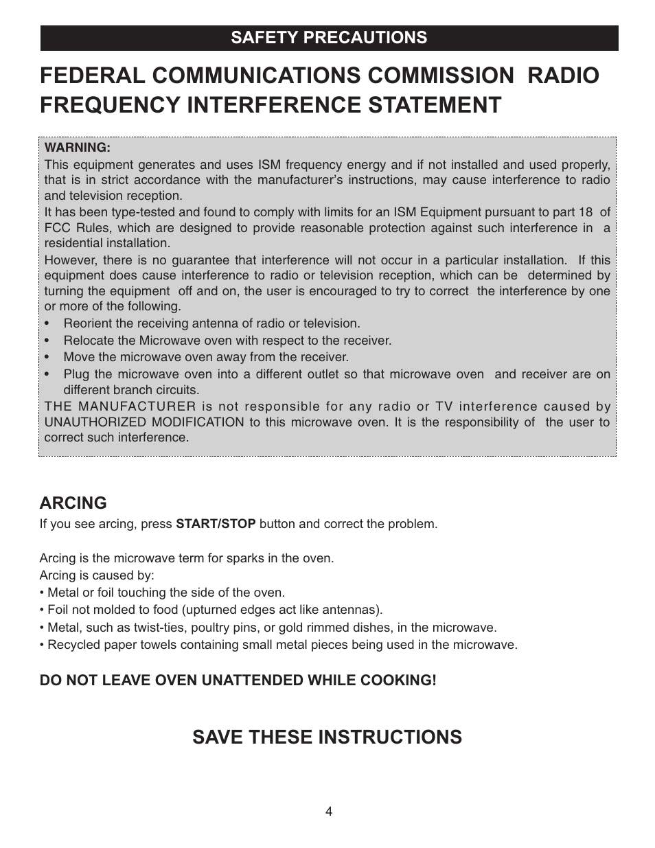 Save these instructions, Safety precautions, Arcing | Emerson Radio MW9090SS User Manual | Page 4 / 29