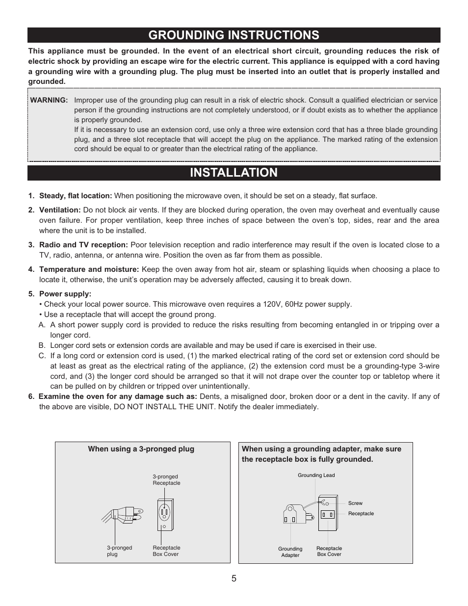 Grounding instructions installation | Emerson Radio MW9090SS User Manual | Page 5 / 29