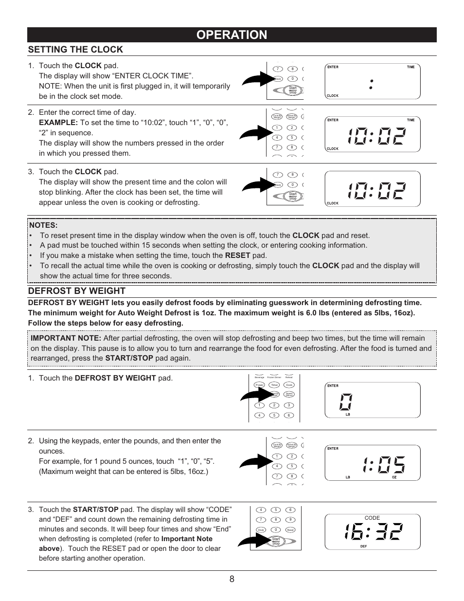 Operation, Setting the clock 8, Defrost by weight | Touch the defrost by weight pad | Emerson Radio MW9090SS User Manual | Page 8 / 29