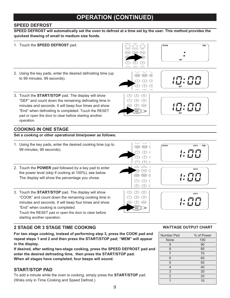 Operation (continued), Speed defrost, Cooking in one stage | 2 stage or 3 stage time cooking, Start/stop pad, Touch the speed defrost pad, Wattage output chart | Emerson Radio MW9090SS User Manual | Page 9 / 29