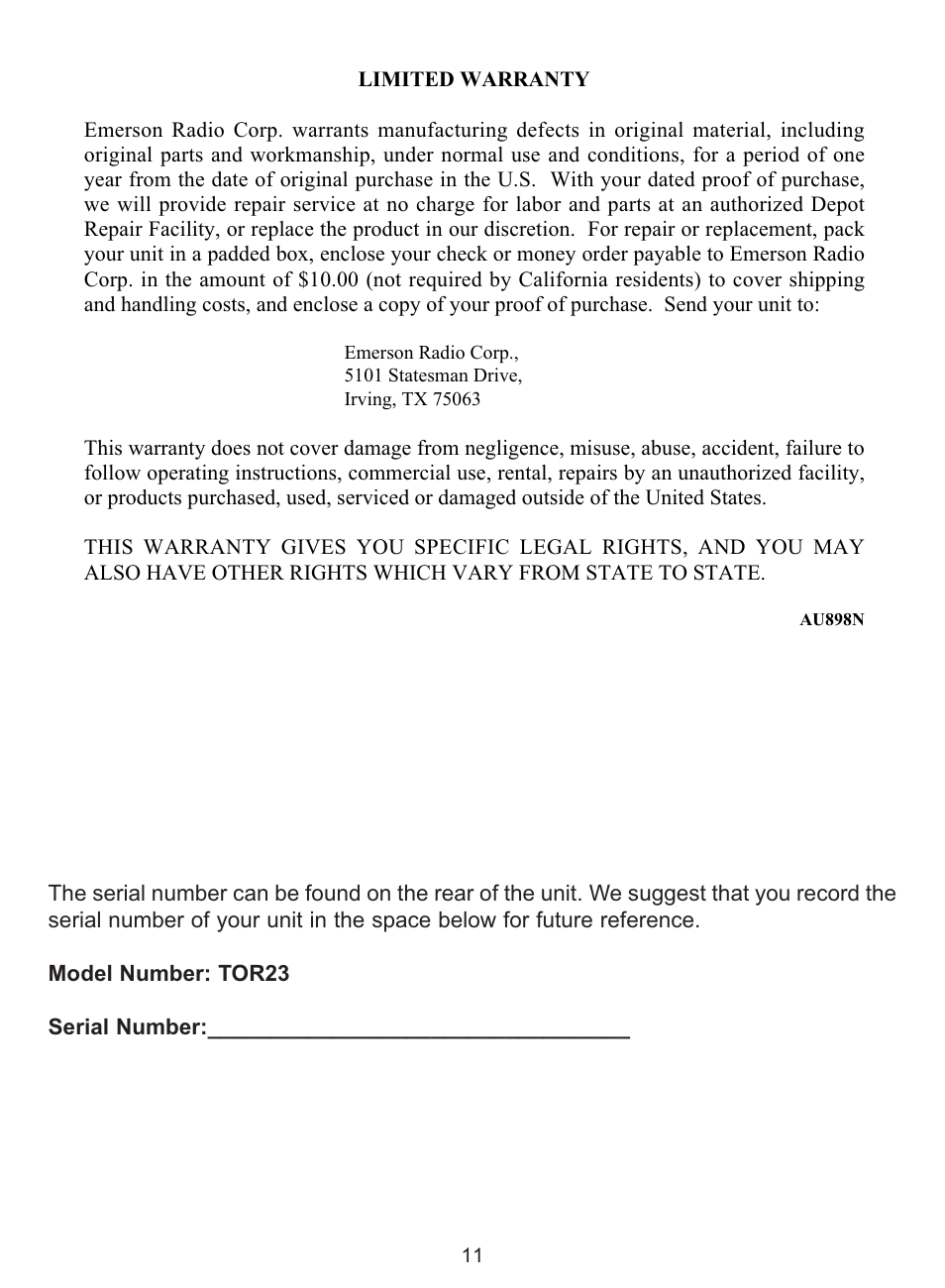 Emerson Radio TOR23 User Manual | Page 11 / 14