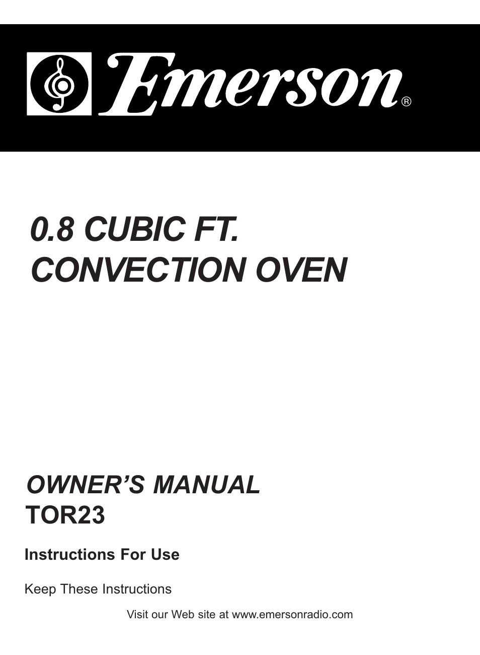 8 cubic ft. convection oven, Owner’s manual tor23 | Emerson Radio TOR23 User Manual | Page 14 / 14