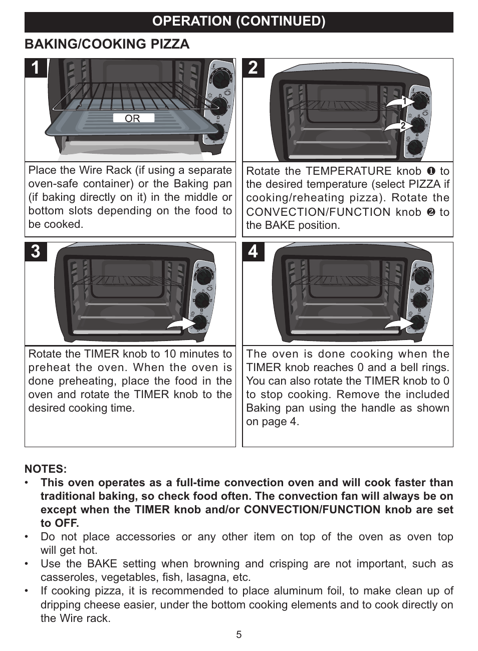 Operation (continued), Baking/cooking pizza | Emerson Radio TOR23 User Manual | Page 5 / 14