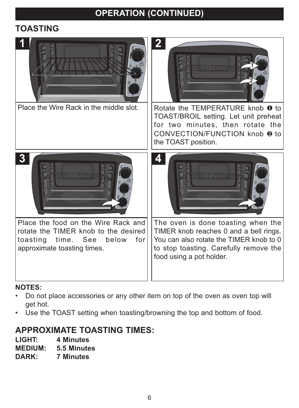 Operation (continued), Toasting, Approximate toasting times | Emerson Radio TOR23 User Manual | Page 6 / 14