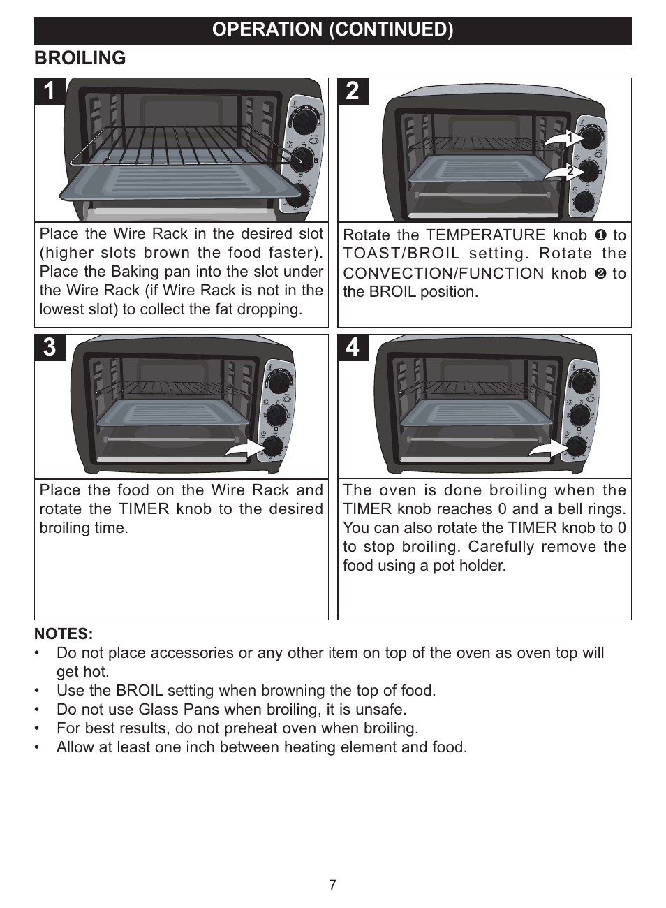 Operation (continued), Broiling | Emerson Radio TOR23 User Manual | Page 7 / 14