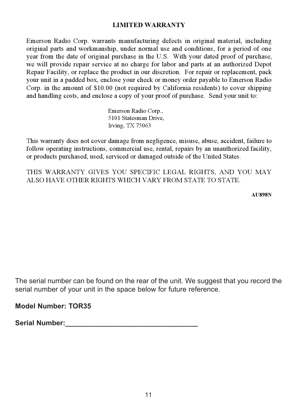 Emerson Radio TOR35 User Manual | Page 11 / 14