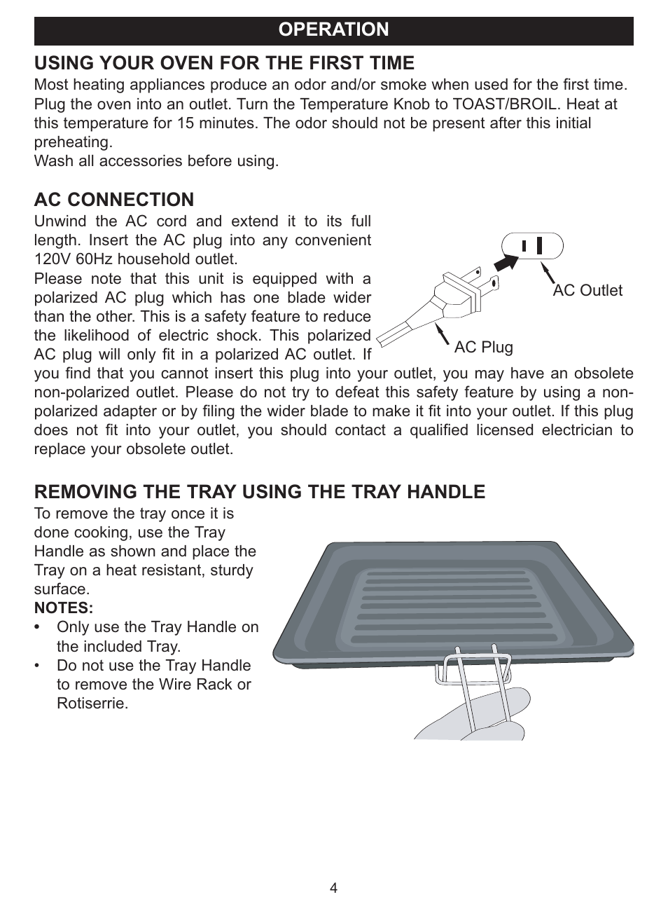 Using your oven for the first time, Ac connection, Removing the tray using the tray handle | Operation | Emerson Radio TOR35 User Manual | Page 4 / 14