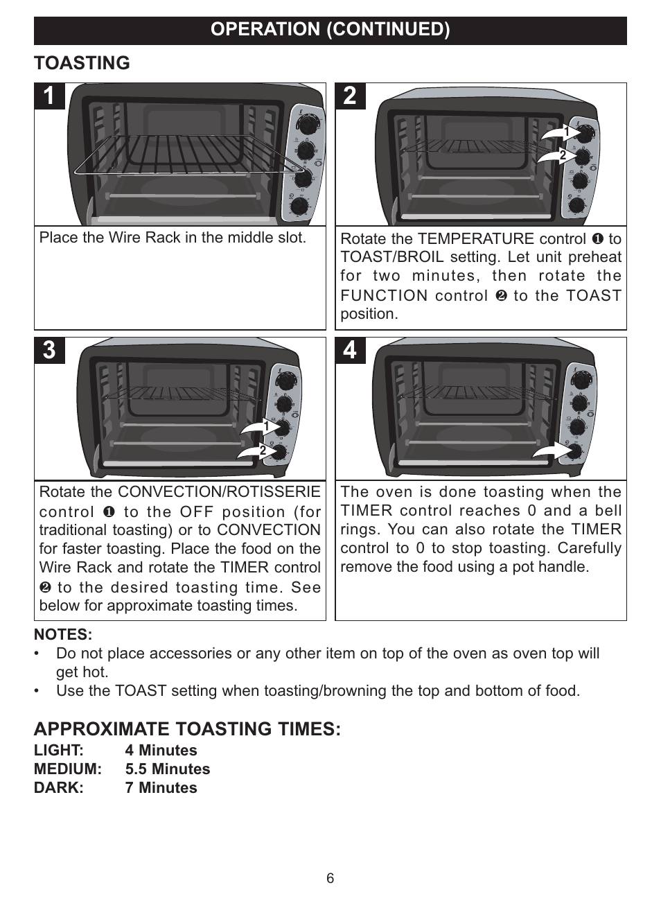 Operation (continued), Toasting, Approximate toasting times | Emerson Radio TOR35 User Manual | Page 6 / 14