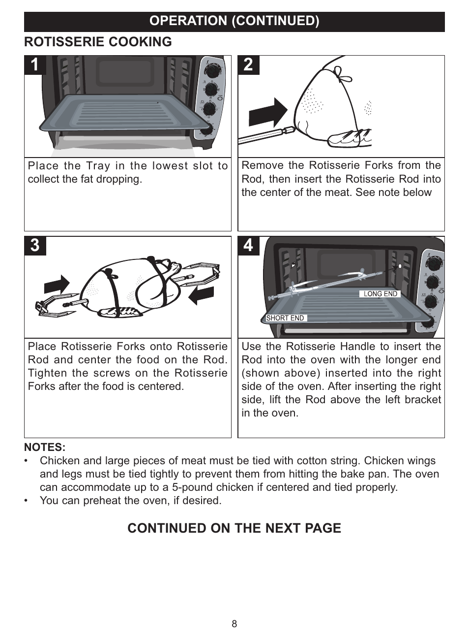 Operation (continued), Rotisserie cooking, Continued on the next page | Emerson Radio TOR35 User Manual | Page 8 / 14