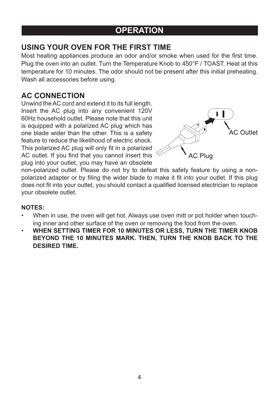 Operation, Using your oven for the first time, Ac connection | Emerson Radio TOR49 User Manual | Page 5 / 12