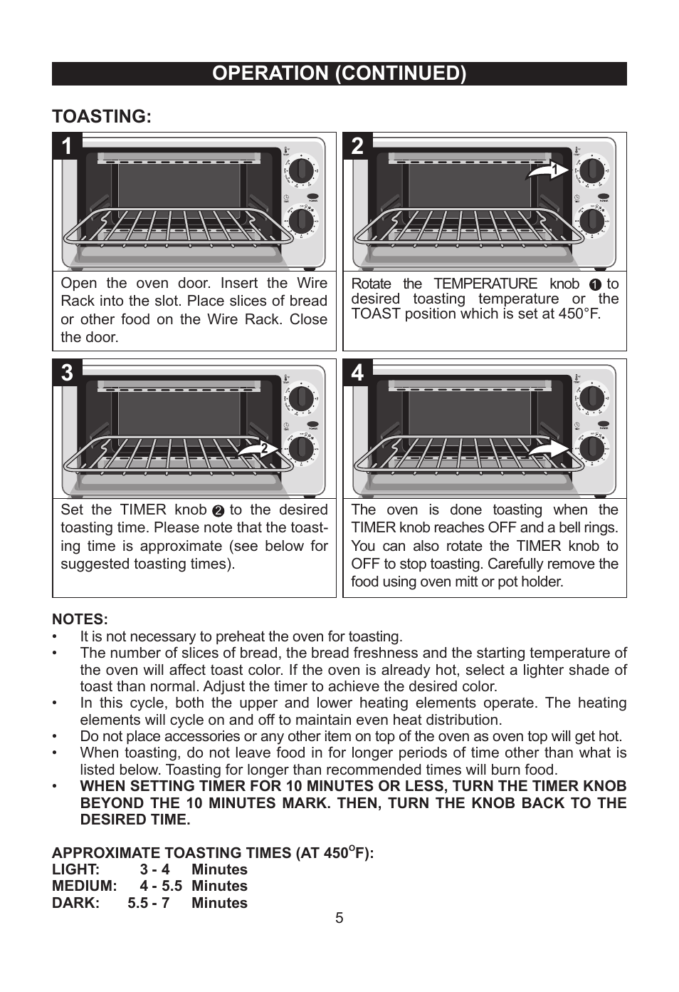 Operation (continued), Toasting | Emerson Radio TOR49 User Manual | Page 6 / 12