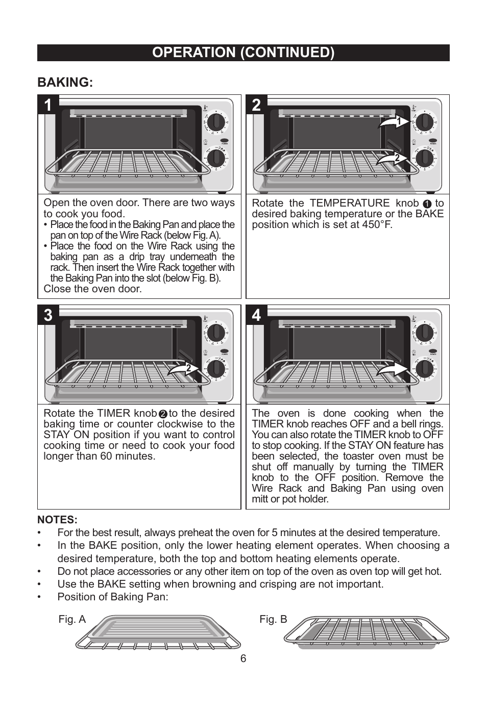 Operation (continued), Baking | Emerson Radio TOR49 User Manual | Page 7 / 12