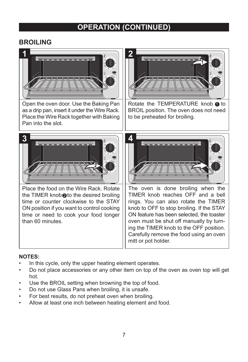 Operation (continued), Broiling | Emerson Radio TOR49 User Manual | Page 8 / 12