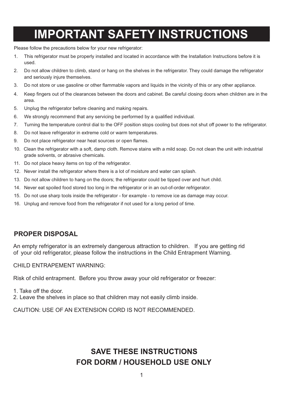 Important safety instructions, For dorm / household use only, Proper disposal | Emerson Radio CR282P User Manual | Page 2 / 12