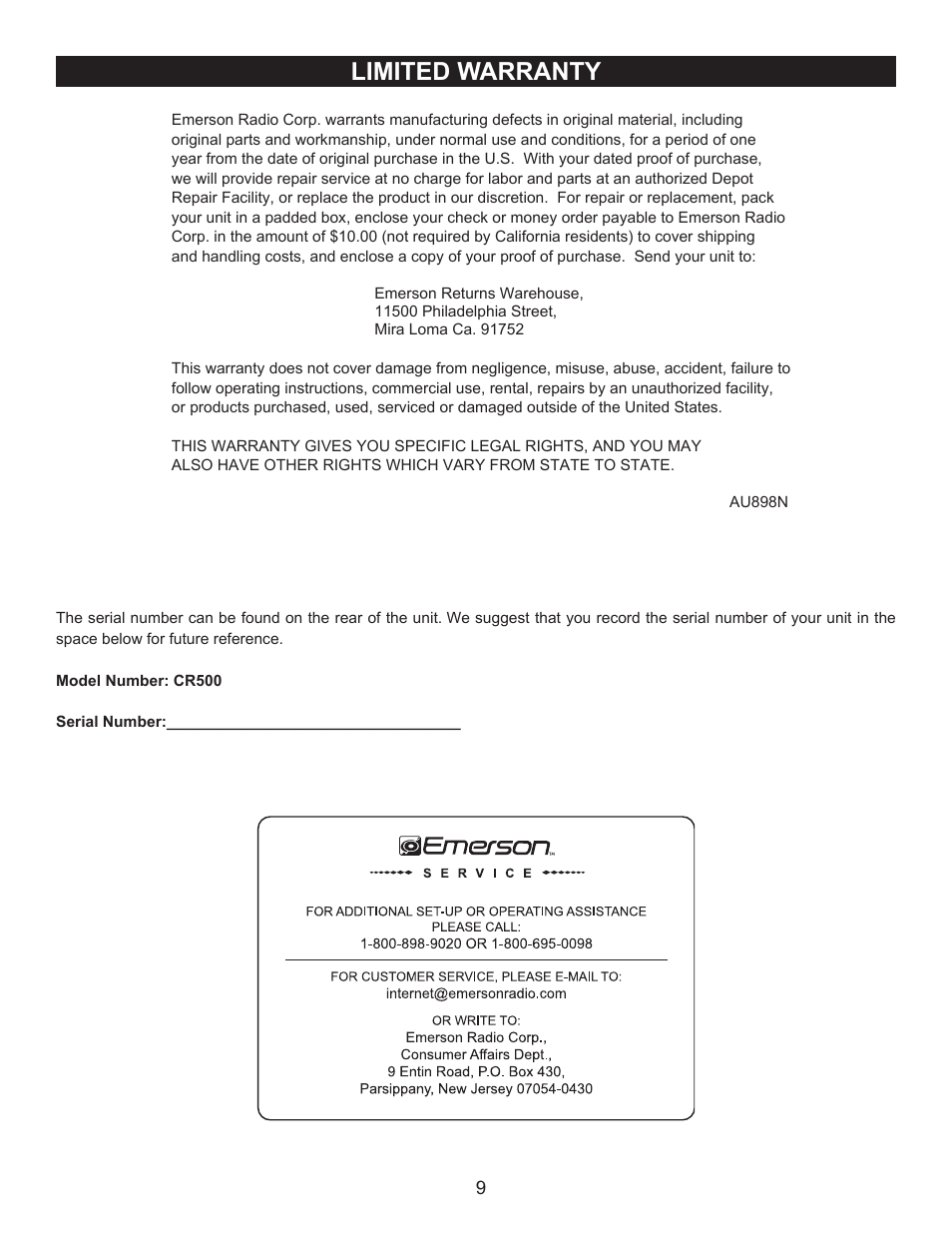 Limited warranty | Emerson Radio CR500 User Manual | Page 9 / 11