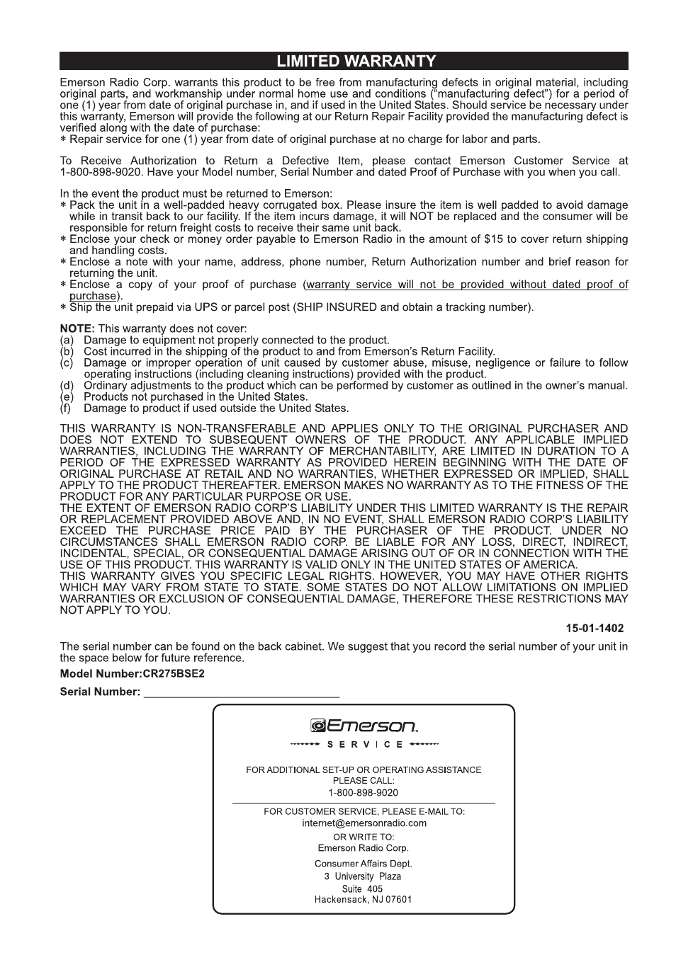 Emerson Radio CR275BSE2 User Manual | Page 11 / 12