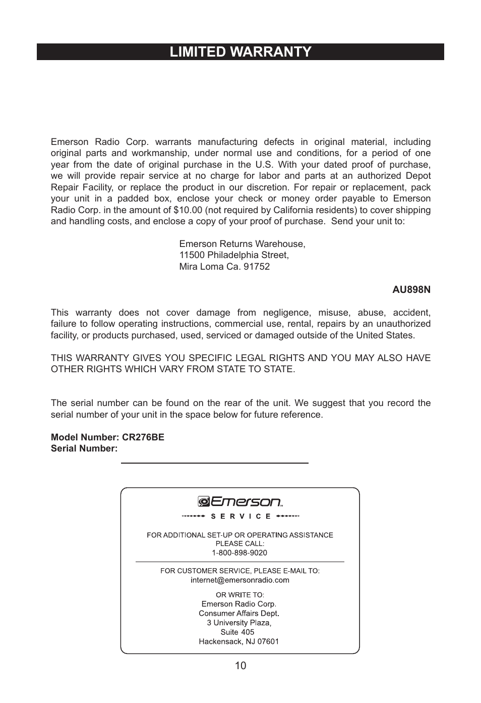 Limited warranty | Emerson Radio CR276BE User Manual | Page 11 / 12