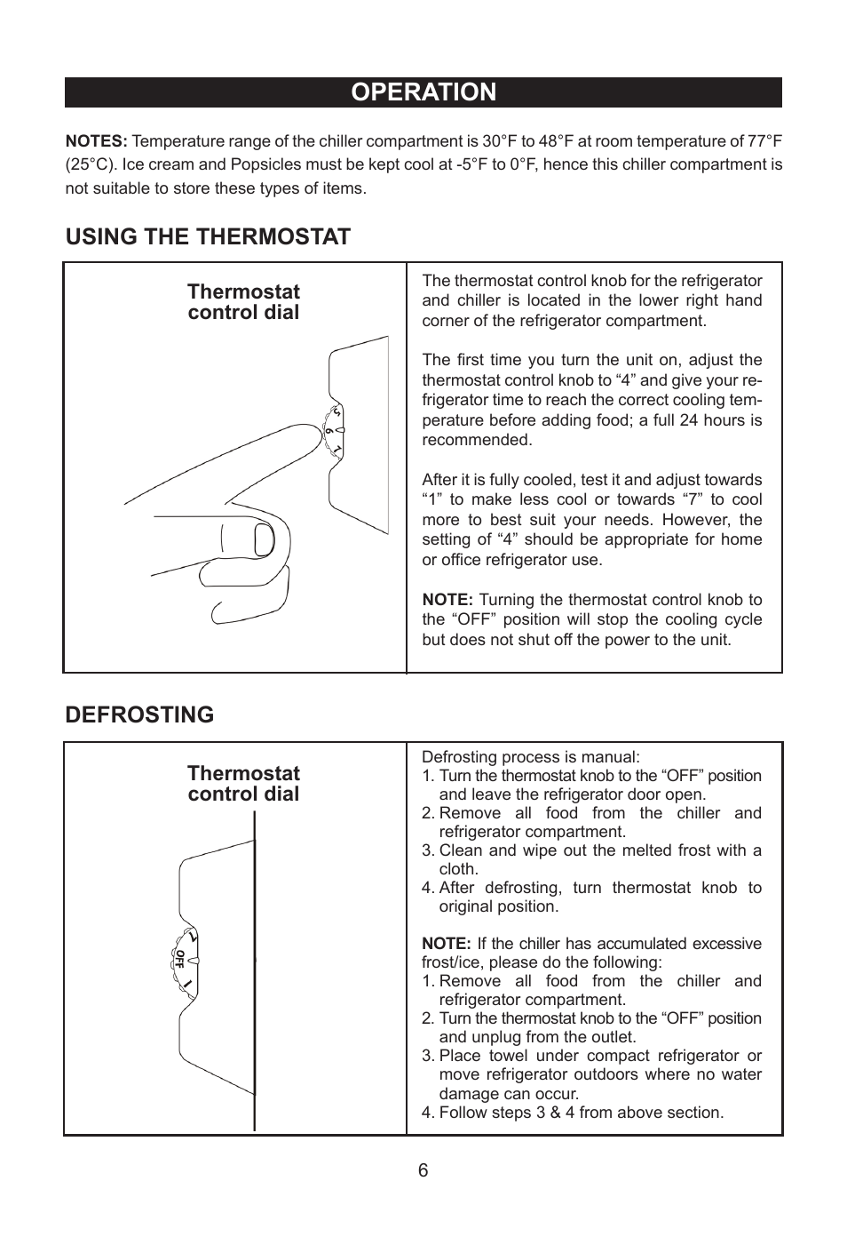 Operation, Using the thermostat, Defrosting | Thermostat control dial thermostat control dial | Emerson Radio CR276BE User Manual | Page 7 / 12