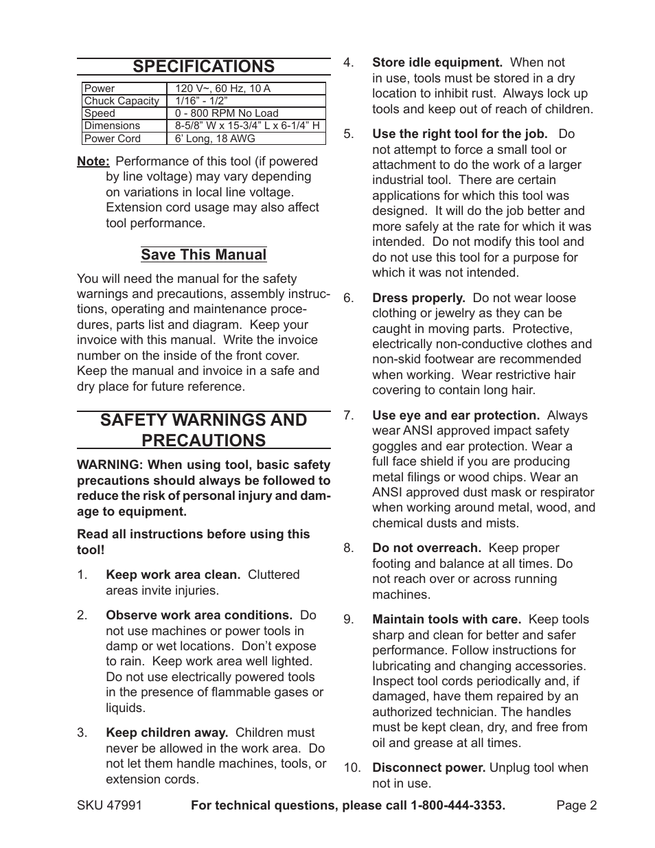 Specifications, Safety warnings and precautions | Chicago Electric 47991 User Manual | Page 2 / 8