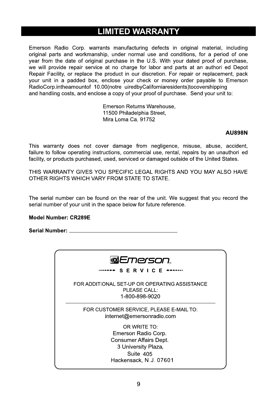 Emerson Radio CR289E User Manual | Page 11 / 12