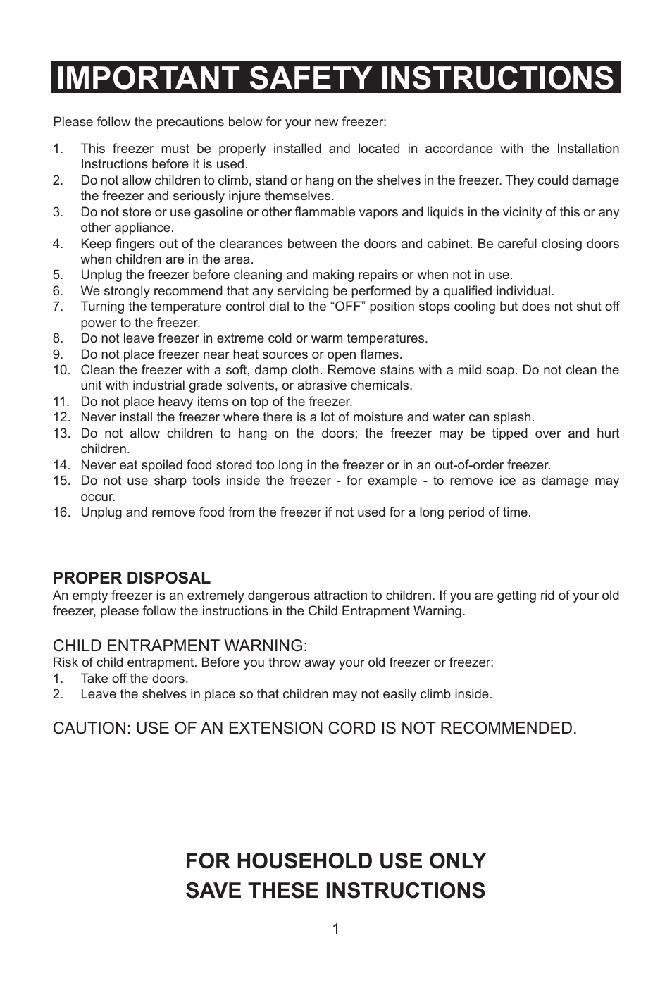 Important safety instructions, For household use only save these instructions | Emerson Radio CF353 User Manual | Page 2 / 12