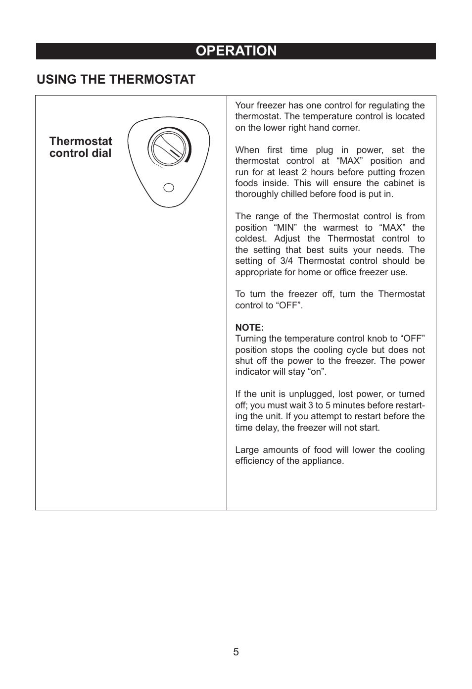 Operation, Using the thermostat, Thermostat control dial | Emerson Radio CF353 User Manual | Page 6 / 12