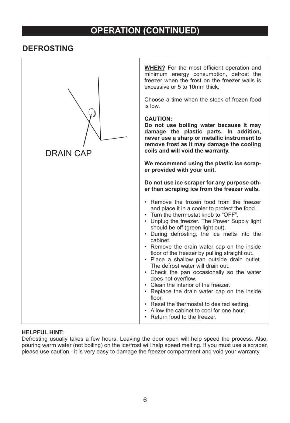 Operation (continued), Drain cap, Defrosting | Emerson Radio CF353 User Manual | Page 7 / 12