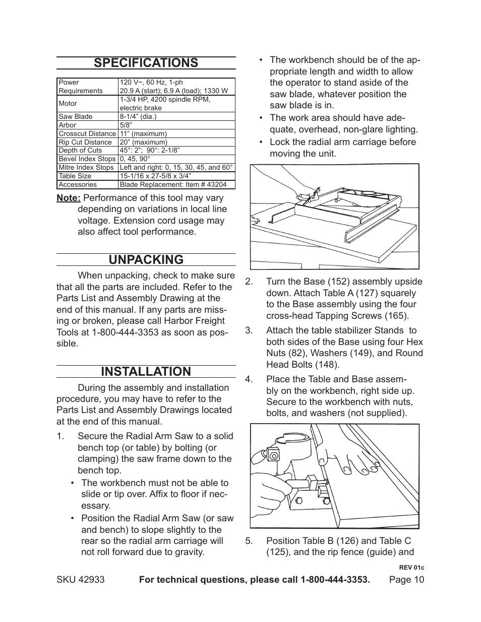 Specifications, Unpacking, Installation | Chicago Electric 42933 User Manual | Page 10 / 24