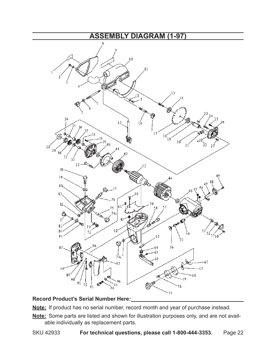 Assembly diagram (1-97) | Chicago Electric 42933 User Manual | Page 22 / 24