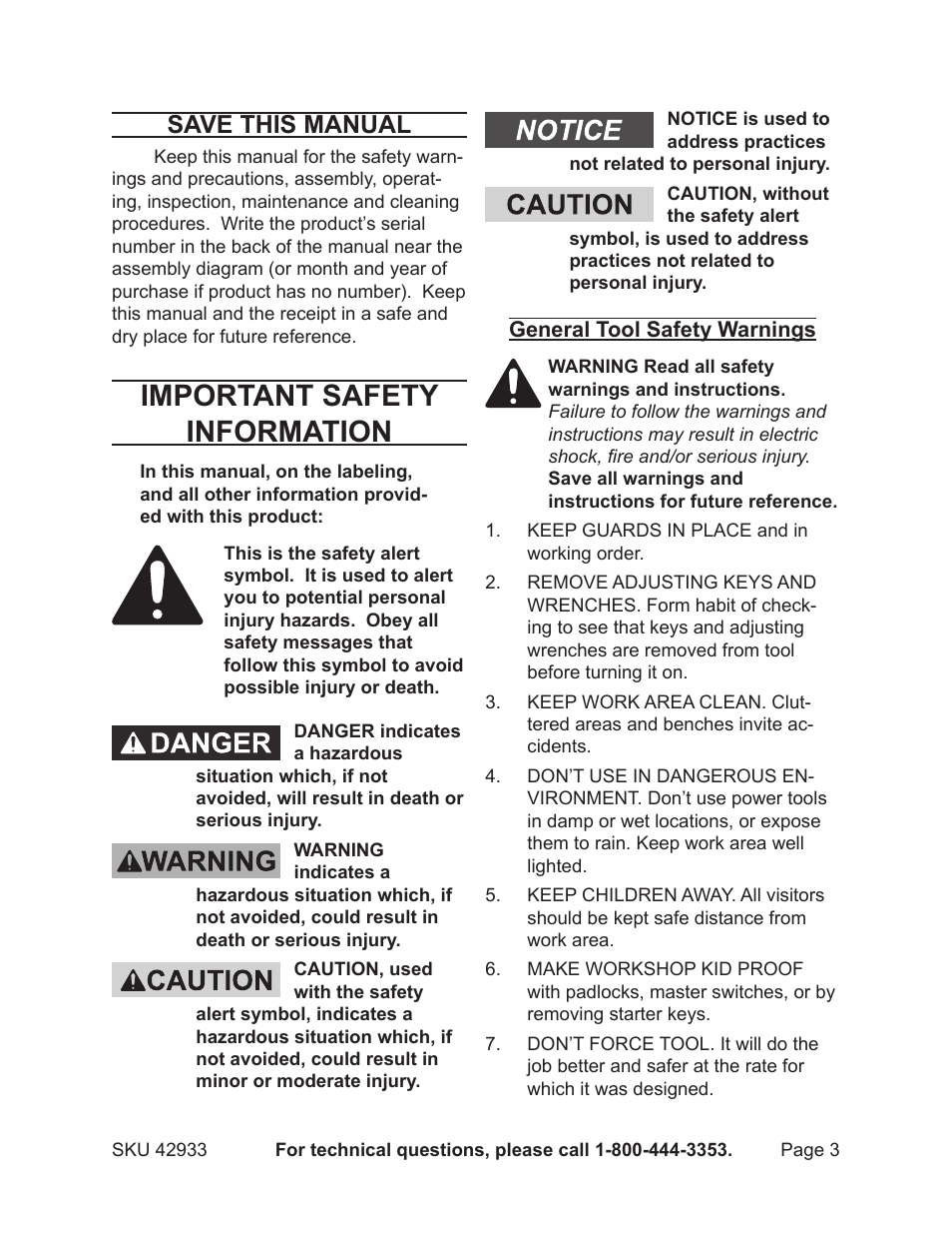 Important safety information, Save this manual | Chicago Electric 42933 User Manual | Page 3 / 24