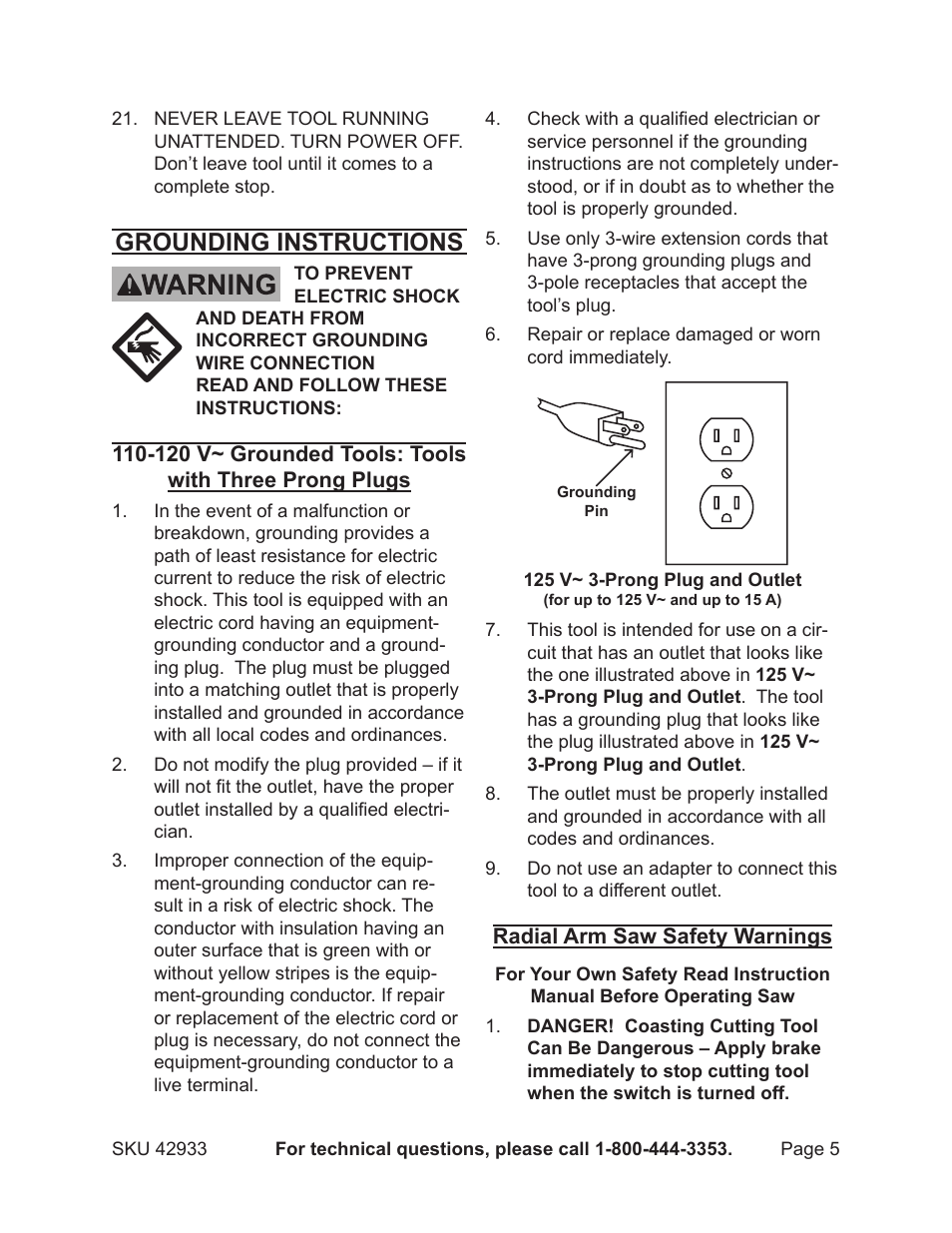 Grounding instructions | Chicago Electric 42933 User Manual | Page 5 / 24