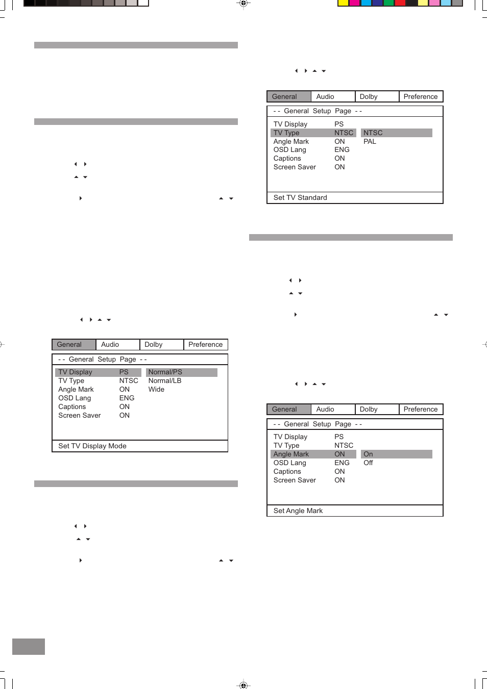 Settings and adjustments, Tv display, Tv type | Angle mark | Emerson Radio BAR330 Revised 02/02/2007 - Part 2 User Manual | Page 7 / 14