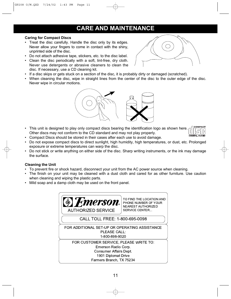 Care and maintenance | Emerson Radio GP208 User Manual | Page 11 / 15