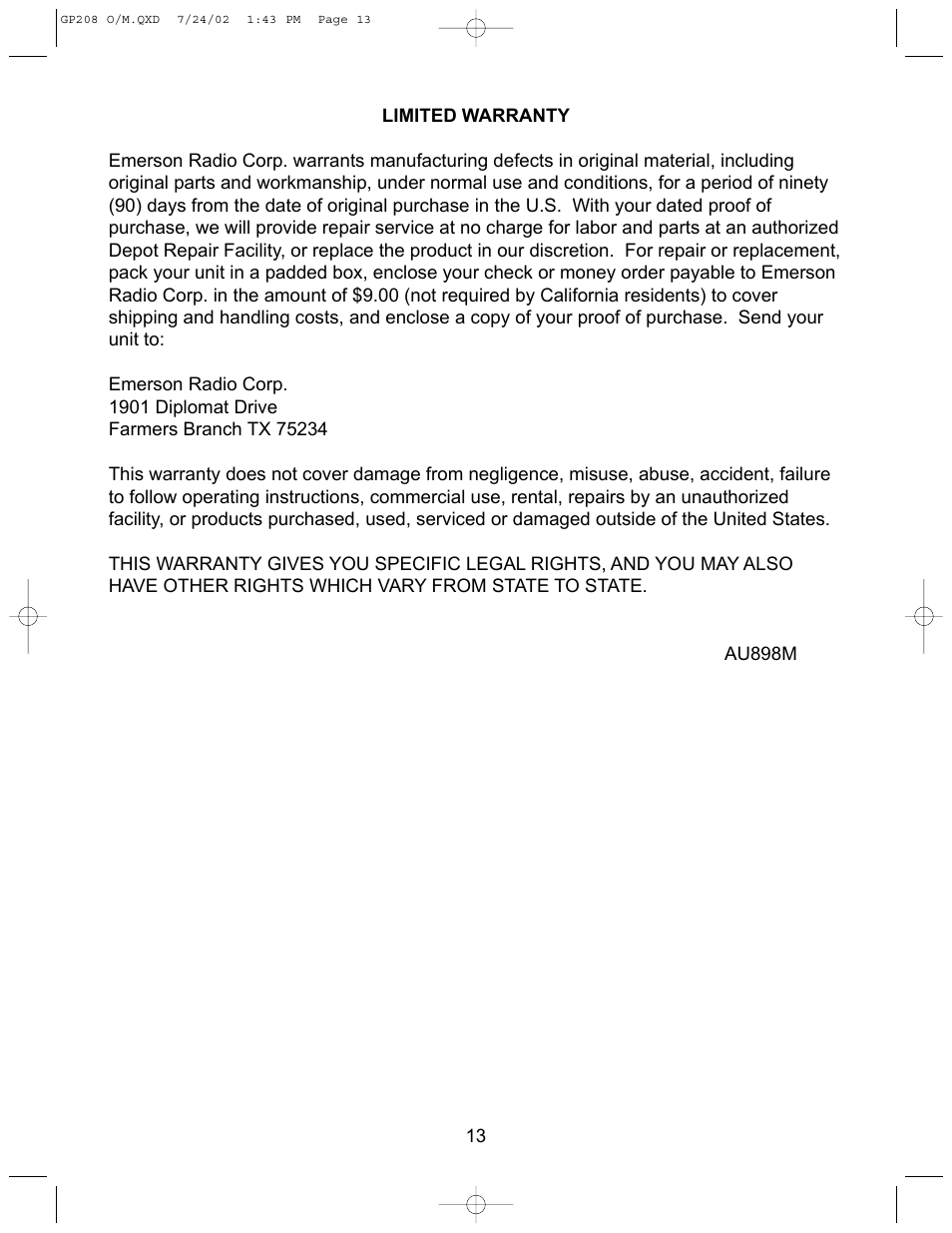 Emerson Radio GP208 User Manual | Page 13 / 15