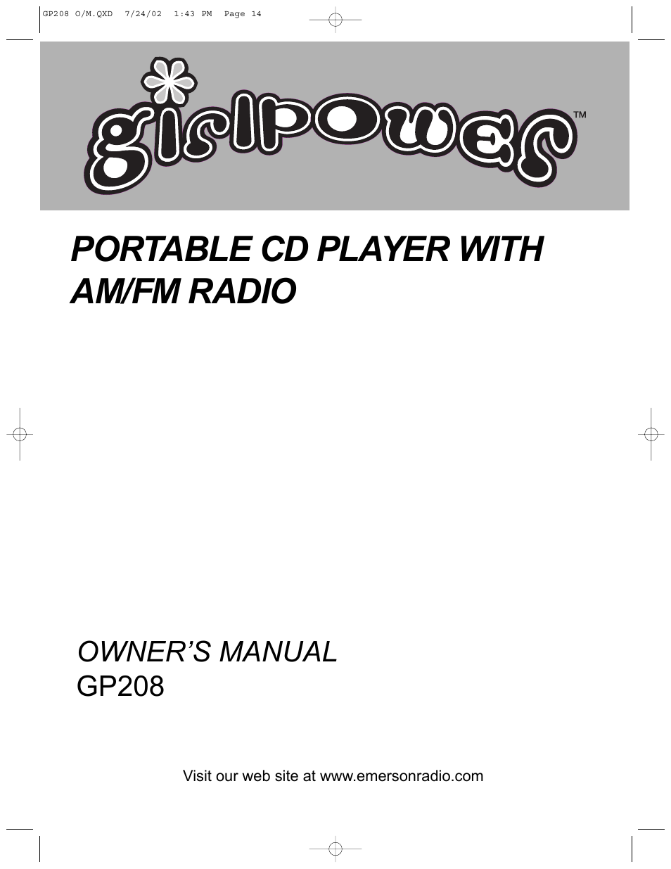 Portable cd player with am/fm radio, Owner’s manual gp208 | Emerson Radio GP208 User Manual | Page 14 / 15