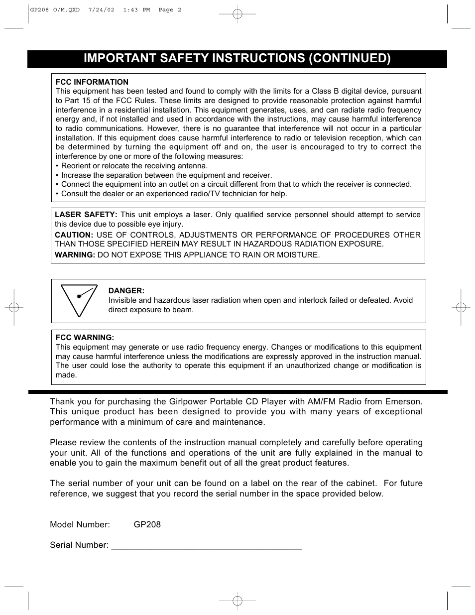 Important safety instructions (continued) | Emerson Radio GP208 User Manual | Page 2 / 15